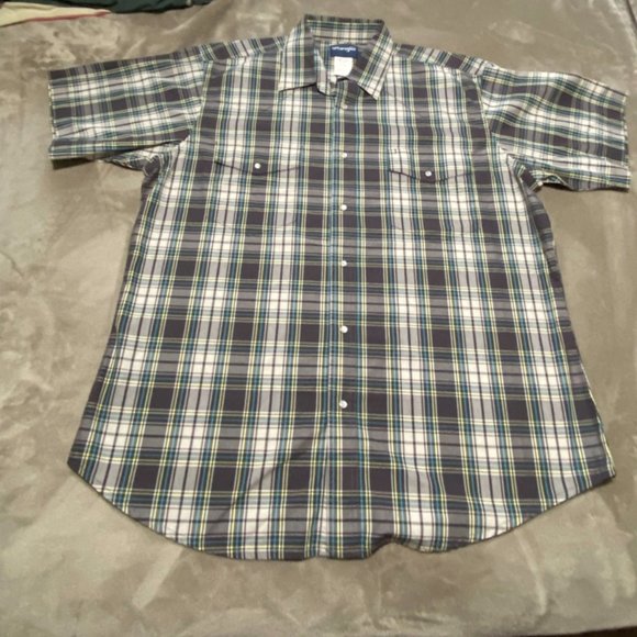 Wrangler Shirt Mens XL Gray Blue Plaid Vintage Pearl Snap - Picture 1 of 7